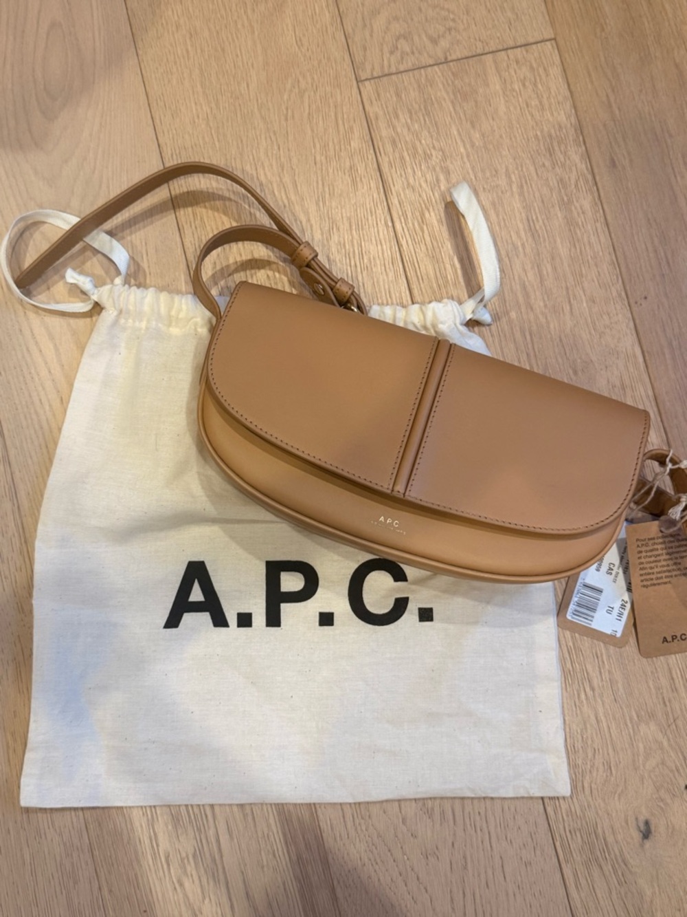A.P.C. Caramel Tan Leather Demi-Lune Crossbody Bag